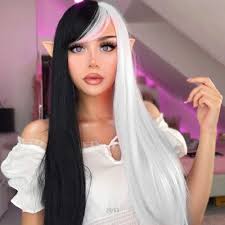 Hair color blue cool hair color pink hair colored hair punk hair color pastel goth hair pelo multicolor split dyed hair mode kawaii. Amazon Com Half Black Half White Lace Front Wigs For Women 2 Colors Silky Long Straight Hair Half Wig With Bangs High Density Mermaid Synthetic Wig Glueless Half Hand Tied Natural Hairline