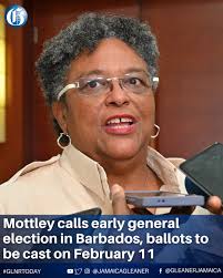 Barbados Prime Minister Mia Mottley Saturday night named February 11 as the  date for a general election in her country, the second occasion that she  has called a snap election within at