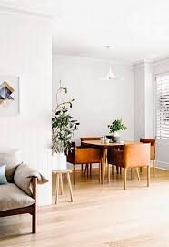 White Walls Brown Leather Chairs And Wooden Dining Table In An Open Plan Living Rooms Dec Minimalist Dining Room Dining Room Design Scandinavian Dining Room