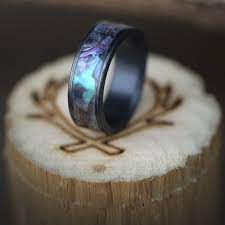 Custom Paua Shell Black Wedding Ring Handcrafted By Staghead Designs Black Zirconium Ring Custom Wedding Rings Black Zirconium