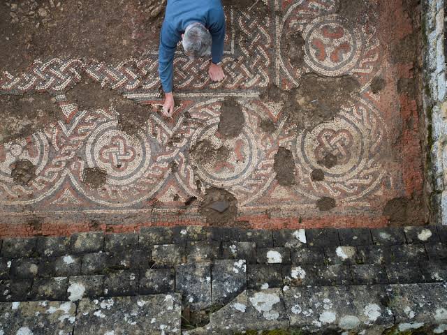Stunning dark ages mosaic found at Roman villa in Cotswolds | Roman Britain  | The Guardian