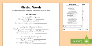 Take a look at the topics, click one, and get your conversation questions! Camel Poem Find The Missing Words Worksheet Worksheet