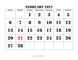Free Download Printable February 2022 Calendar Large Font Design Holidays On Red