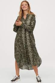 Calf Length Shirt Dress Dark Green Snakeskin Patterned Ladies H M Us Kleidung Samt