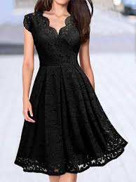 Robe avec dentelle et dos nu patineuse couleur: Robe Mi Longue Patineuse En Dentelle Fluide Decollete Dos Sans Manches Elegant Noir Robe Mi Longue Robes