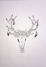 Black And White Deer Skull Hand Drawn Black And White Deer Skull Adorned With Feathers And Roses Deer Antler Tattoos Deer Skull Drawing Deer Skull Tattoos