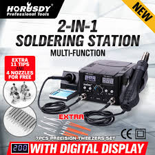 Digital control and display of hot air temperature, soldering iron temperature , desoldering gun temperature and air pressure with touch type panel controls for precision and easy to use. 2 In 1 Soldering Iron Solder Rework Station Hot Air Gun Digital Desoldering
