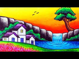 See more ideas about drawing scenery, easy drawings, scenery drawing for kids. How To Draw Nature Scenery Of Waterfall Sunset And Houses Easy Waterfall Sunset Scenery Draw Nature Drawing For Kids Nature Drawing Scenery Drawing For Kids