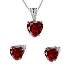 10k White Gold Heart January Birthstone Garnet Lcg Pendant Necklace Earring Set January Birth Stone Necklace Earring Set January Birthstone Garnet