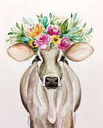 This adorable cow is painted on to this mdf frame and has several colorful flowers around her, including a bright yellow one in her mouth. Lily Cow Cowsofinstagram Aquarelle Instacow Modernfarmhouse Farmhouse Farmlove Flowers Floral Floralcrown Art Instaart Animal Paintings Cow Art Art