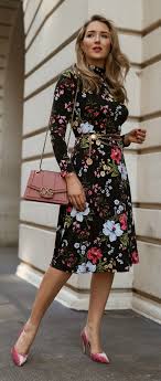 30 Dresses In 30 Days Day 5 Bridal Shower Black Floral Midi Mock Neck Jersey Dress Pink Velvet Pumps Gold Tri Dresses Fashion Women Professional Attire