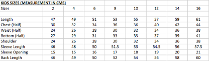 kids jacket size chart