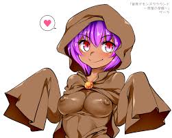 funnyari, zara (naedoko demons ground), naedoko demons ground,  1girl, blush, breasts, brooch, brown cloak, character name, cloak,  copyright name, covered erect nipples, dark-skinned female, dark skin,  female focus, heart, hood, hood up,