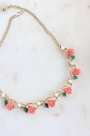 Vintage Coral Rose Link Necklace Green Leaf And Flower Gold Necklace Coral Jewelry Vintage Fancy Necklace Necklace