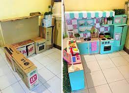 How To Create A Mini Cardboard Kitchen For Your Toddler Diy Play Kitchen Cardboard Kitchen Kitchen Sets For Kids