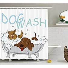 Playful Dogs Bathing In A Bathtub Bath Shower Curtain Set With Hooks White Brown Blue Cute Shower Curtains Bathroom Decor Sets Dog Shower