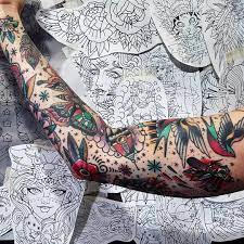 Some Heal Tattoos From 2 Years Ago And Some Fresh For This Patchwork Sleeve On Lorrai Vintage Tattoo Sleeve Full Sleeve Tattoo Design Traditional Tattoo Sleeve