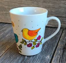 Tasse A Cafe Ou The 2 Oiseaux Mug Avec Ou Sans Texte Peint A La Main Par L Artiste Isabelle Malo Hand Painted Mugs Painted Mugs Mugs