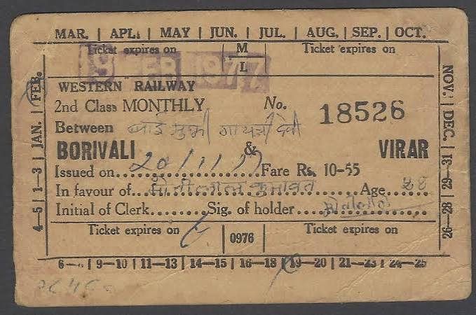 AOP India Western Railway 1977 monthly passenger pass BORIVALI to VIRAR | eBay