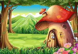 Mushroom House Backdrop Fairy Tale Kids Toddler Printed Fabric Photography Background G1172 Mushroom House Backdrops Art Illustration with mushroom houses.cartoon mushrooms.illustration with house.watercolor painting.hand drawing.