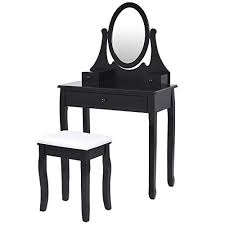 Ayamastro Black Mdf Vanity Makeup Dressing Table Set Round Mirror W 3 Drawers Stool Makeup Dressing Table Table Stool Dressing Table Set