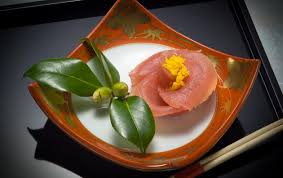 This food presentation template design includes a title slide with a picture of fresh produce. Japanese Cuisine Presentation Kei S Kitchen