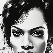 Drawing of Rosario Dawson, black and white, concept art, sumi