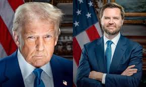 The official presidential and vice presidential photographs of Donald Trump  and J.D. Vance. Trump conveys a menacing appearance dementia, noticeably  his right eye is half staff. Vance puts