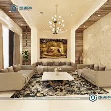 Wooden Planks False Ceiling With Buddha Painting On Wall With New Trendy Sofa Center Drawing Room Interior Design House Ceiling Design Online Interior Design