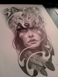 Black And White Womans Face Tattoo Design Wolf Wisdom Their Paw Prints Lead You Along Trails Of Discovery And Insight To Look In Their Eye Native American Tattoos Headdress Tattoo Wolf Tattoo Design