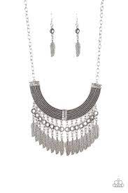 Paparazzi Fierce In Feathers Silver Feather Necklace Earring Set Silver Feather Necklace Silver Boho Necklace Silver Feather