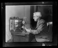 G. Harold Noyes speaking in NBC radio microphone: 'Meteorologist in charge  of Boston office US Weather Bureau giving noon weather forecast