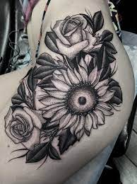 Sunflowers And Roses By Jesus Lleo Pens And Needles Colorado Springs Co One Session Sunflower Tattoo Thigh Sunflowers And Roses Sunflower Tattoo Shoulder