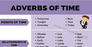 Aug 18, 2018 · an adverb that modifies an adjective—as in quite sad—or another adverb—as in very carelessly—appears immediately in front of the word it modifies, but one that modifies a verb is generally more flexible: Adverbs Of Time Learn List Of 50 Popular Time Adverbs In English Love English