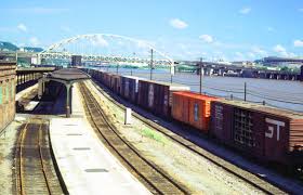 P Le Station Pre Station Square With Passenger Tracks And Passing Freight Train 1974 Photo Light Rail Passenger