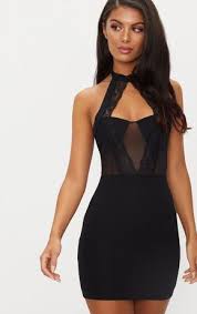 Black Lace Trim High Neck Sheer Top Bodycon Dress Bodycon Dress Black Bodycon Dress Bodycon Fashion