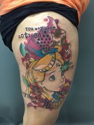 The full body tattoo is inspired by the story of alice in wonderland. Alice In Wonderland 13in Thigh Tattoo Thigh Tattoo Tattoos Alice In Wonderland
