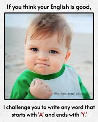 If you think your English is good, @broken.angel.pbn I challenge you to  write y word that starts with 'A' and ends with y.'