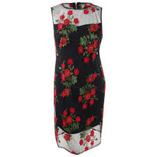 Calvin klein black tiered ruffle tiered dress. Calvin Klein Women S Embroidered Floral Illusion Dress 16 Red Black Multi