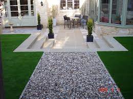 Artificial Lawn Pea Gravel Steps And Light Stone Paving Artificial Grass Patio Artificial Grass Backyard Artificial Grass