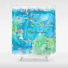 Caribbean Cruise Travel Poster Map Antilles West Indies Cuba Florida Shower Curtain Home Decor Wandbilder Und Bettwasche