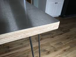 I did not want to tear apart my drywall to mount a very heavy floating bathroom vanity, so i purchased the 16 legs to convert into a standing vanity. Plywood Edge Stainless Steel Table Inspired By Chipotle On And Can T Forget The Hairpin Legs Stainless Steel Table Diy Table Table