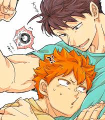 hamifunrx, hinata shouyou, oikawa tooru (haikyuu!!), haikyuu!!, commentary  request, highres, translation request, 2boys, aqua shirt, brown eyes, brown  hair, head on chest, male focus, multiple boys, open mouth, orange hair,  shirt, short