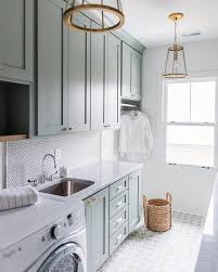 Laundry Room Light Blue Cabinets Brass Hardware Cement Tile Penny Tile Mudroom Laundry Room Laundry Room Design Dream Laundry Room