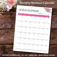 Monthly Workout Calendar Planner Insert Printable Monthly Workout Planner Workout Schedule Monthly Fitness Planner A4 A5 Letter Size