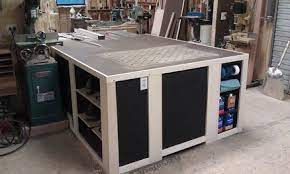 The workbench can be assembled with either the four, 3 in. Table Saw Out Feed Table Woodworking Table Saw Table Saw Island With Built In Table