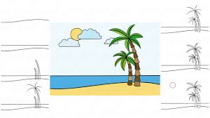 Página para colorir acessórios de praia. Como Desenhar Uma Praia Com Palmeiras E O Mar Em Etapas Com Um Lapis