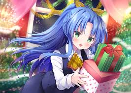 Embarrassment, shyness and other emotions that make us blush. Blue Hair Blush Christmas Green Eyes Long Hair Masayo Gin No Ame Original Ponytail Tree Uniform Konachan Com Konachan Com Anime Wallpapers