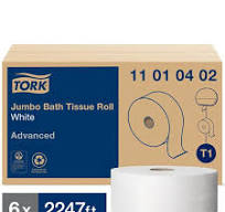 Tork T1 Advanced Jumbo Bath Tissue Roll, Perforated, 1-Ply, White, 2247  ft/Roll, 6 Rolls/Carton (13,482 ft)