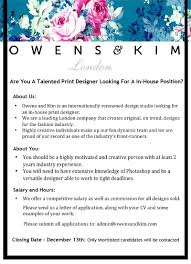 Tennis coach, event coordinator, wedding planner, floral designer, tattoo artist, . In House Print Designer Vacancy Owens Kim